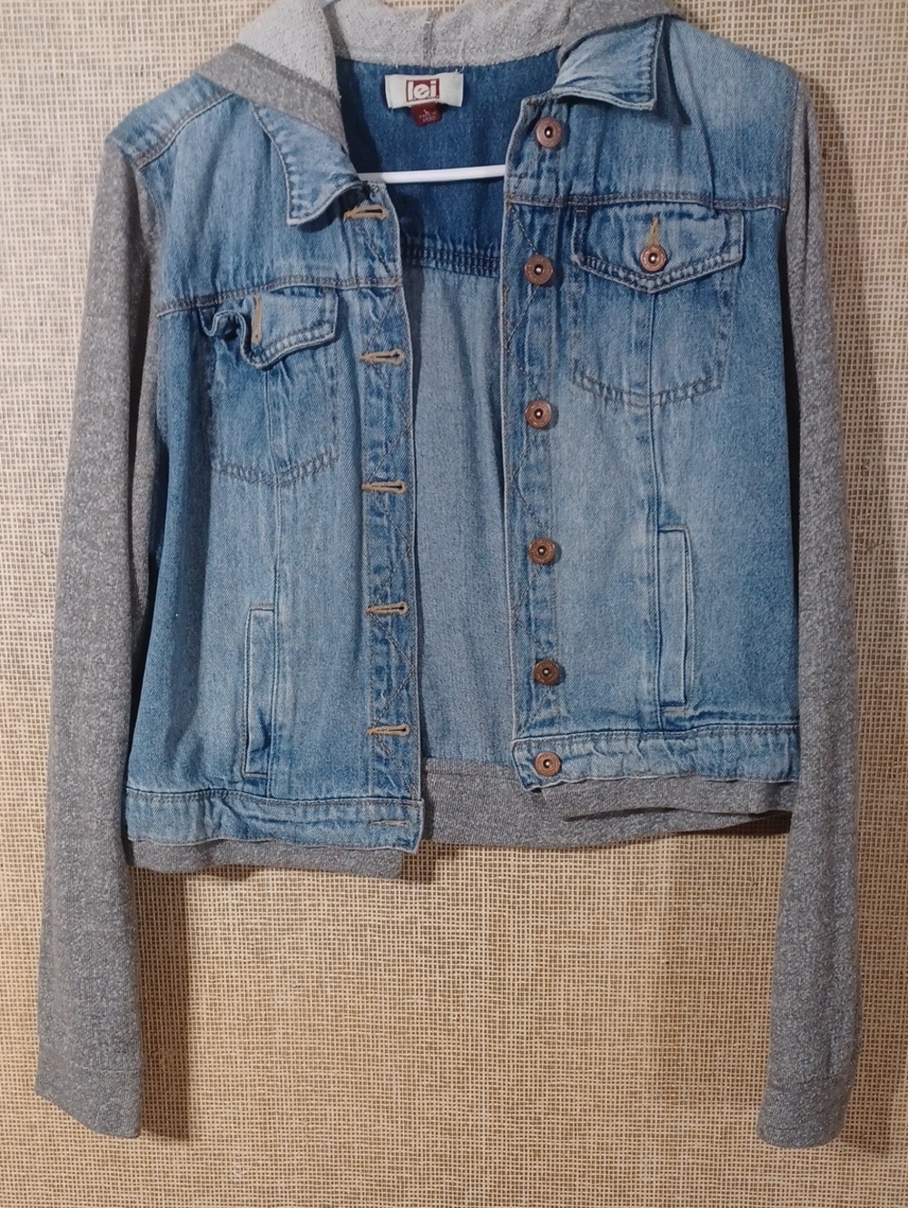 lei Light Blue Denim Jacket with Gray Knit Sleeves and Hood